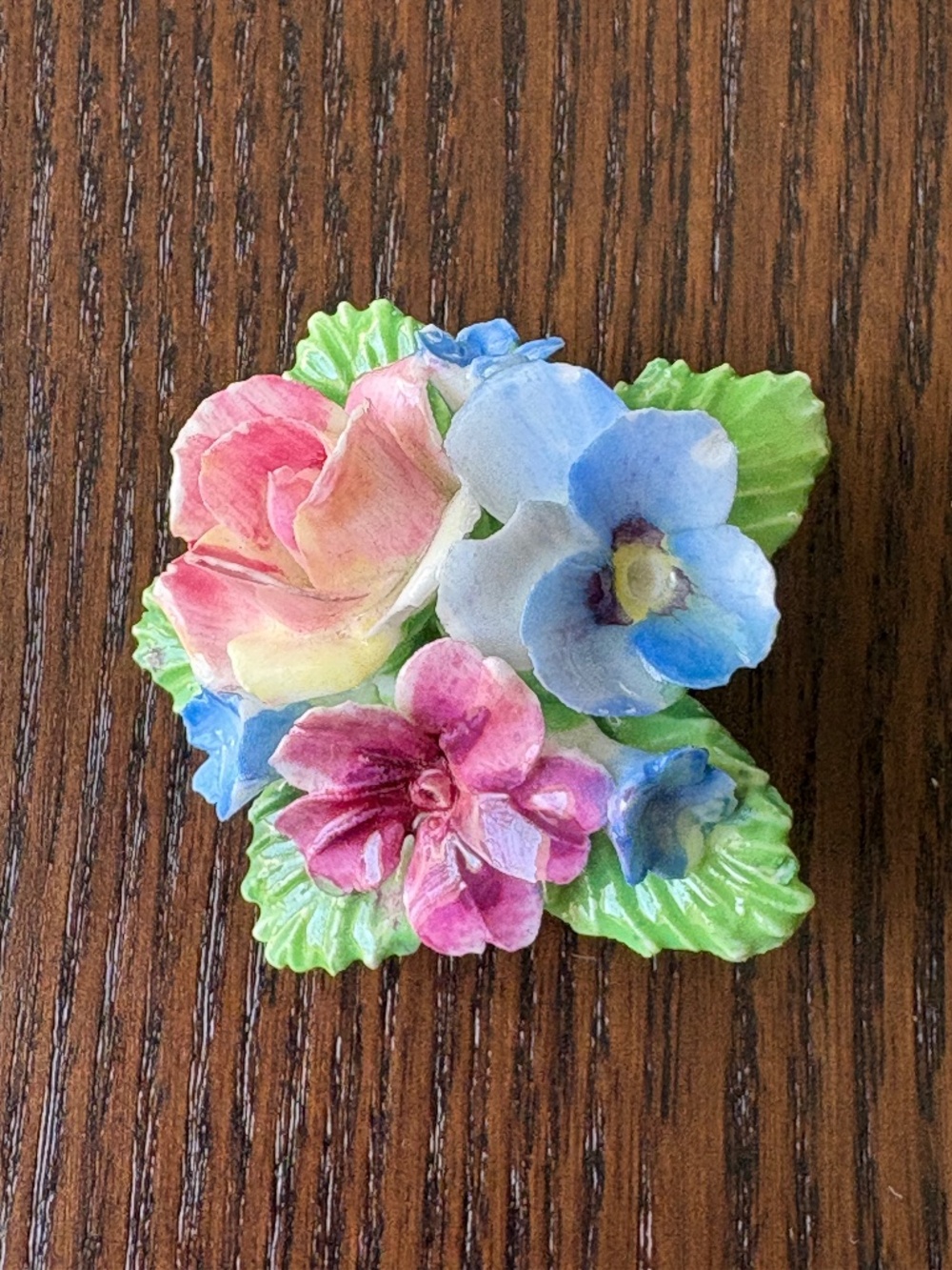 Vintage Flower Brooch English Porcelain MidCentury, Rose and Pansy Pin